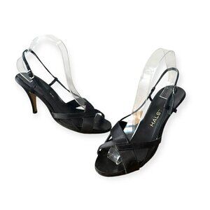 Vintage Halston Black Sating Sling Back Heels, Size‎ 8.5